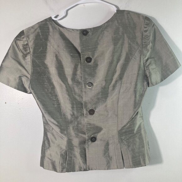 Womens Vintage Maggy London Slub Silk Top Short Sleeve Gray 4 Lined Button Back - Picture 2 of 9